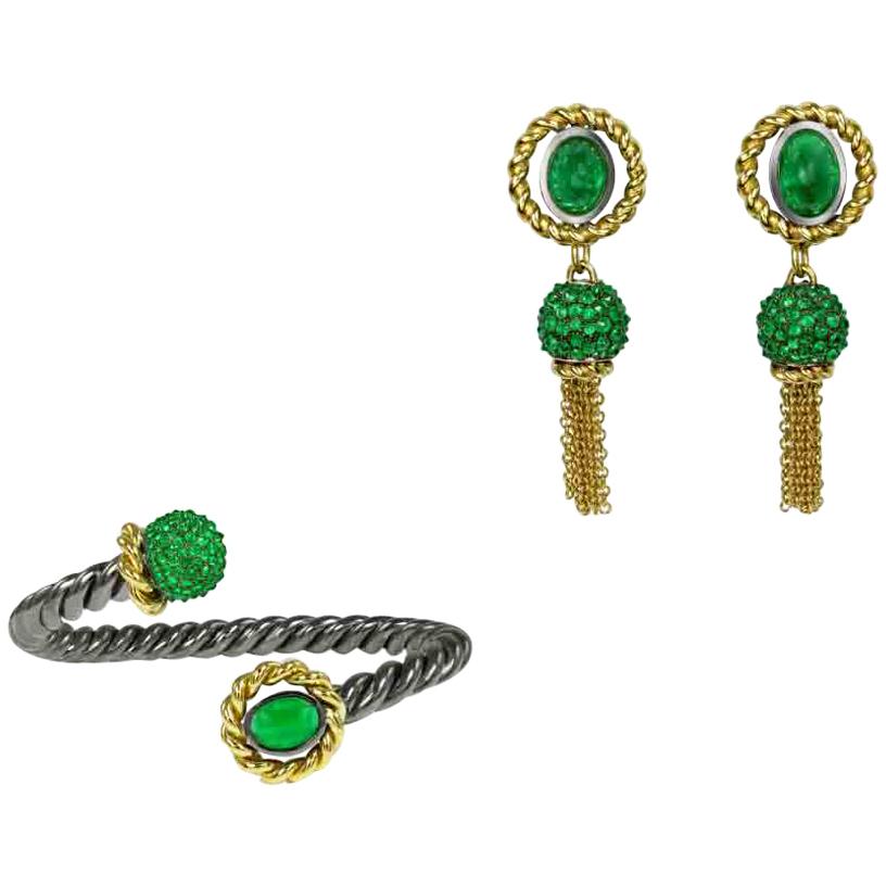 Emerald 18 Karat Yellow Gold Silver Bangle Earring Suite AENEA Jewellery For Sale