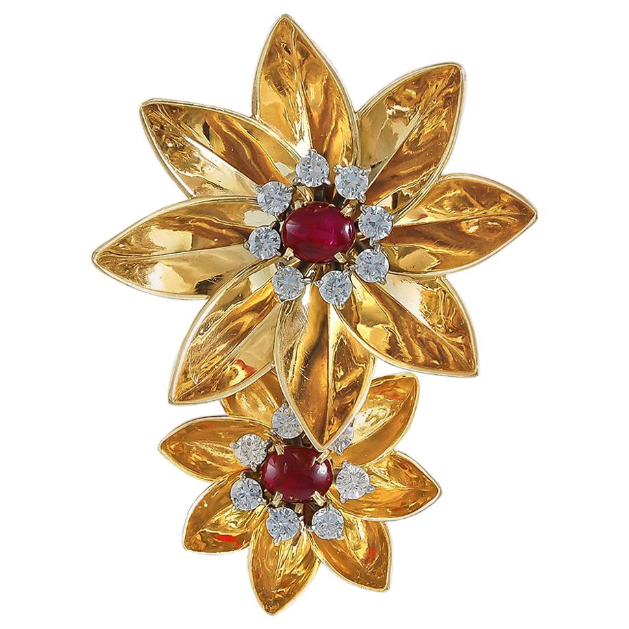 1940s Cartier Diamond, Ruby Flower Brooch