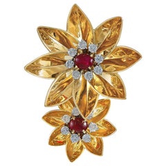 Vintage 1940s Cartier Diamond, Ruby Flower Brooch