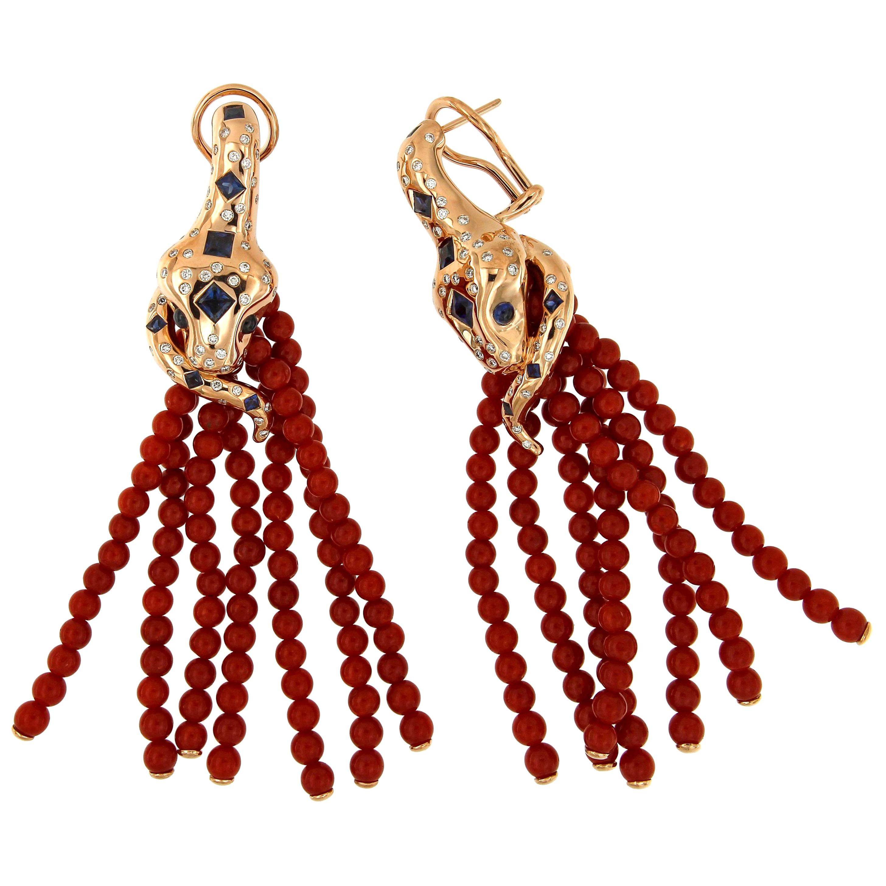 18 Karat Gold Coral Blue Sapphires Diamonds Multistrand Necklace Earrings Suite For Sale