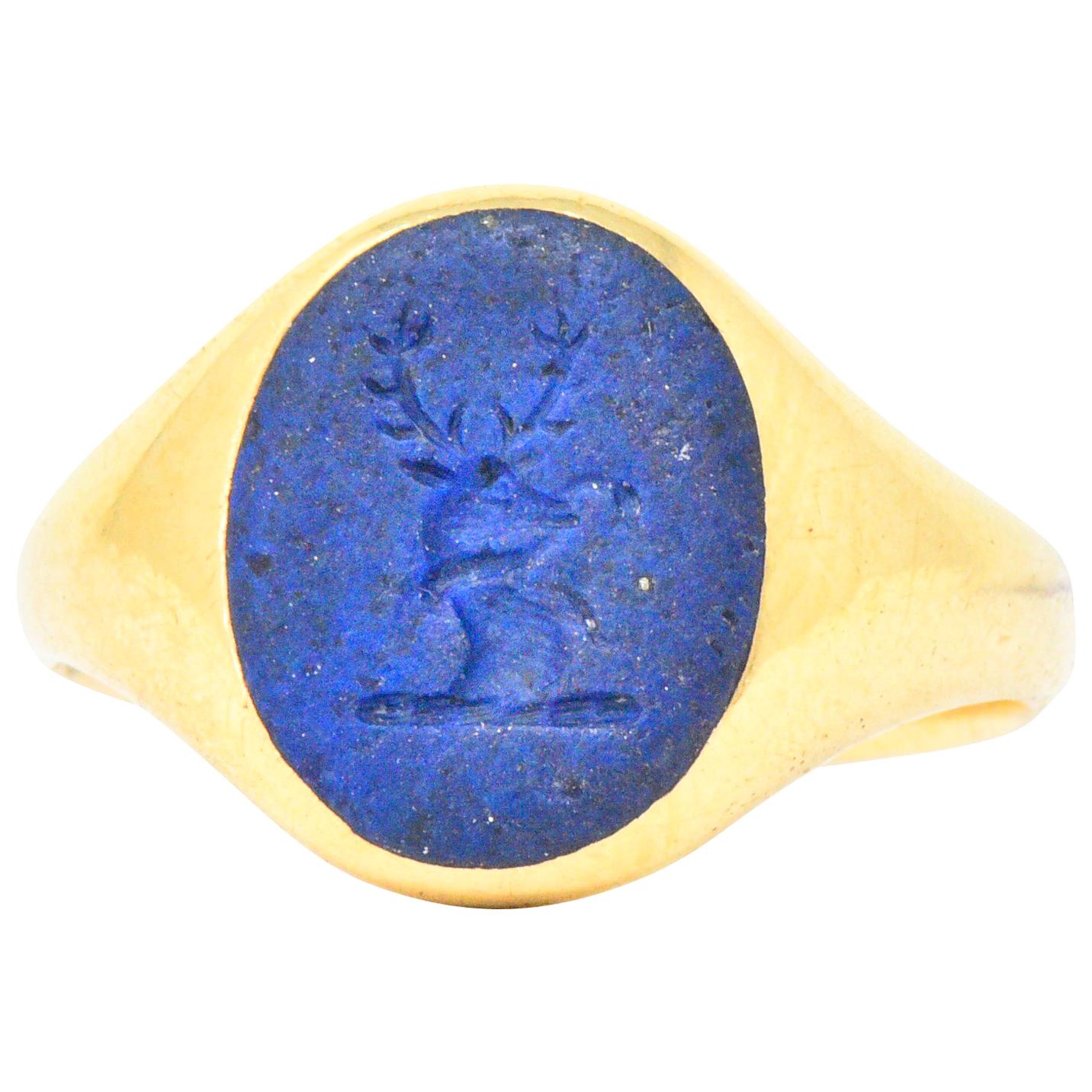Victorian English Lapis Lazuli 18 Karat Gold Signet Unisex Stag Ring