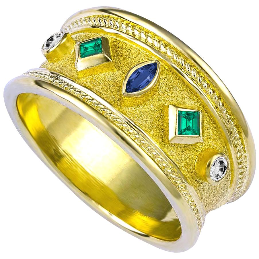 Georgios Collections 18 Karat Yellow Gold Emerald Sapphire and Diamond Ring