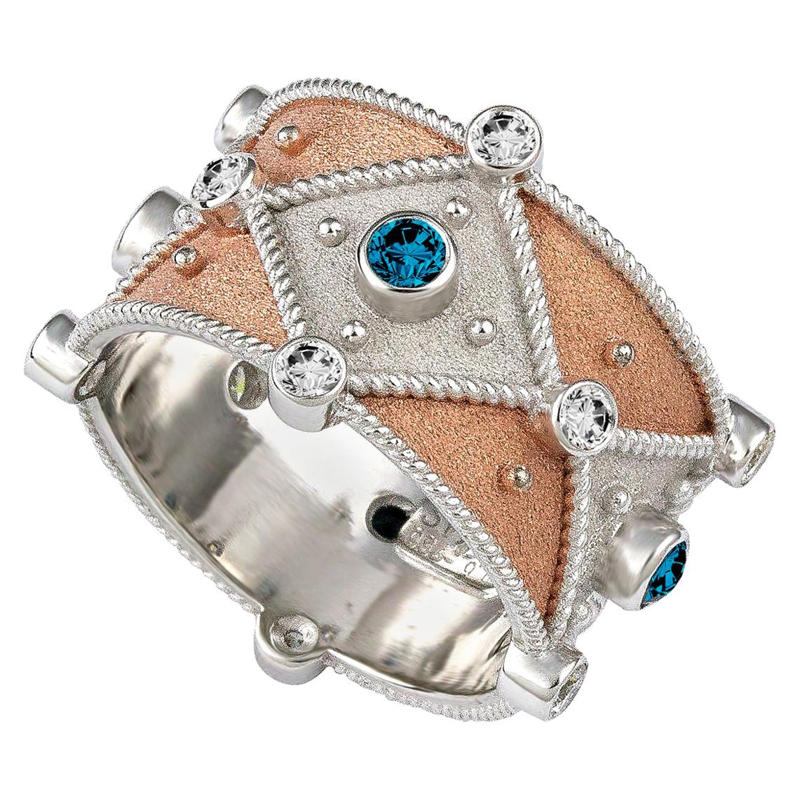 Georgios Collections Granulation-Ring aus 18 Karat Weißgold mit blau-weißen Diamanten
