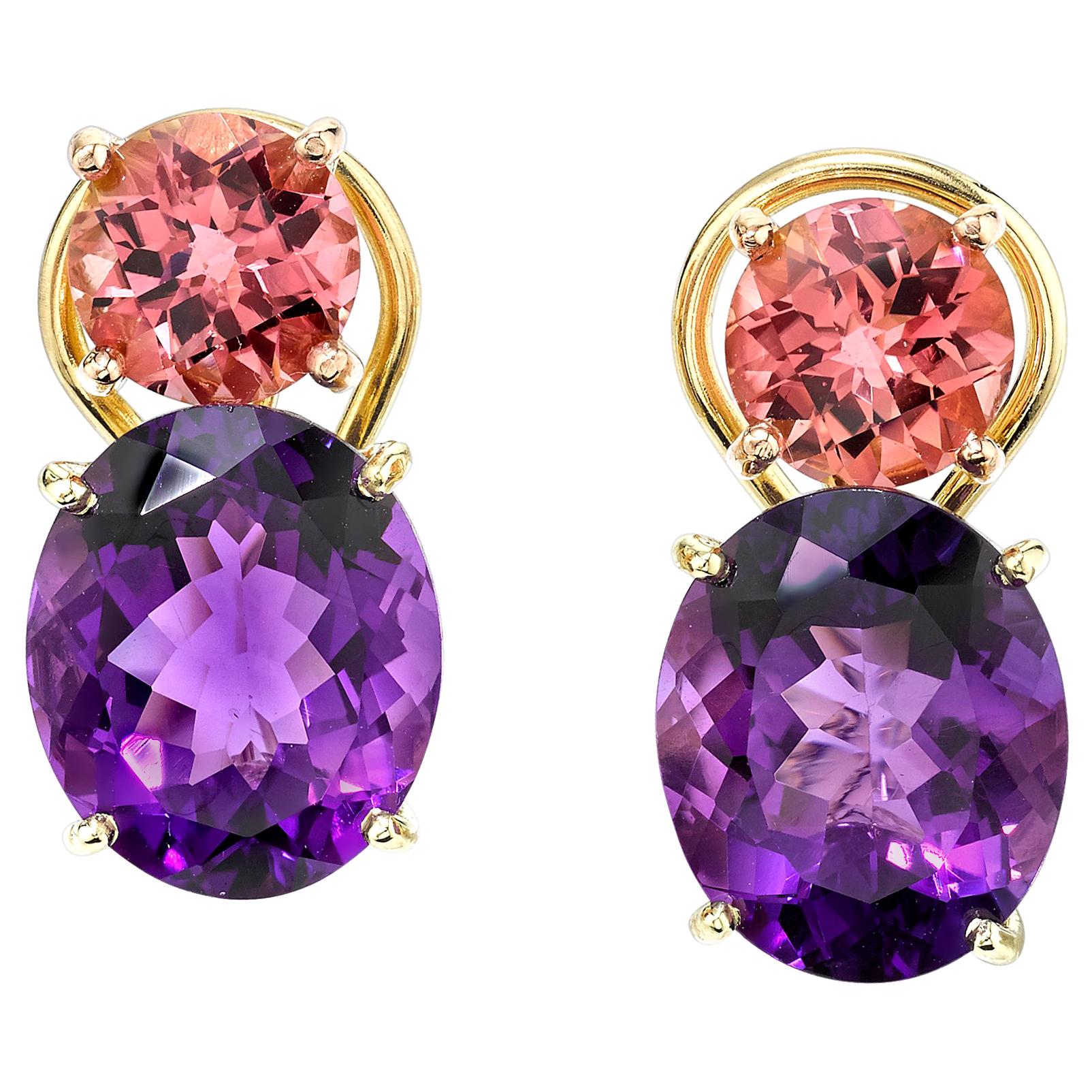 Pink Tourmaline, Amethyst 18k Rose, Yellow Gold French Clip Drop Post Earrings