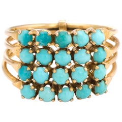 Retro Harem Ring Turquoise 18 Karat Yellow Gold 4 Bands Estate Fine Jewelry