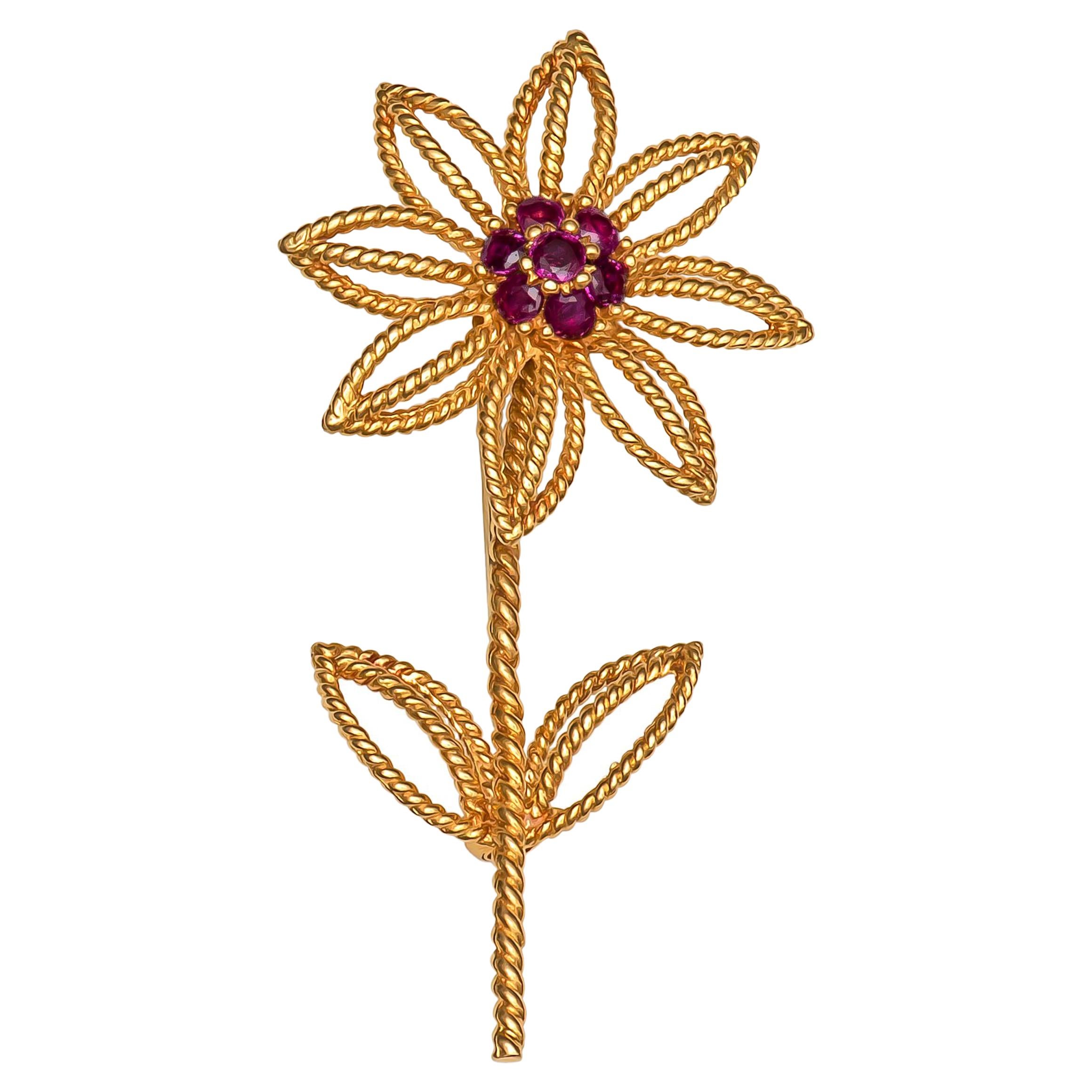 Tiffany & Co. Flower Brooch with 0.06 Carat of Fine Rubies in 18 Karat Gold