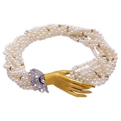 Carrera y Carrera Oro Amarillo 18Kt, Pulsera de Perlas Torcidas y Mano de Diamantes .44ct