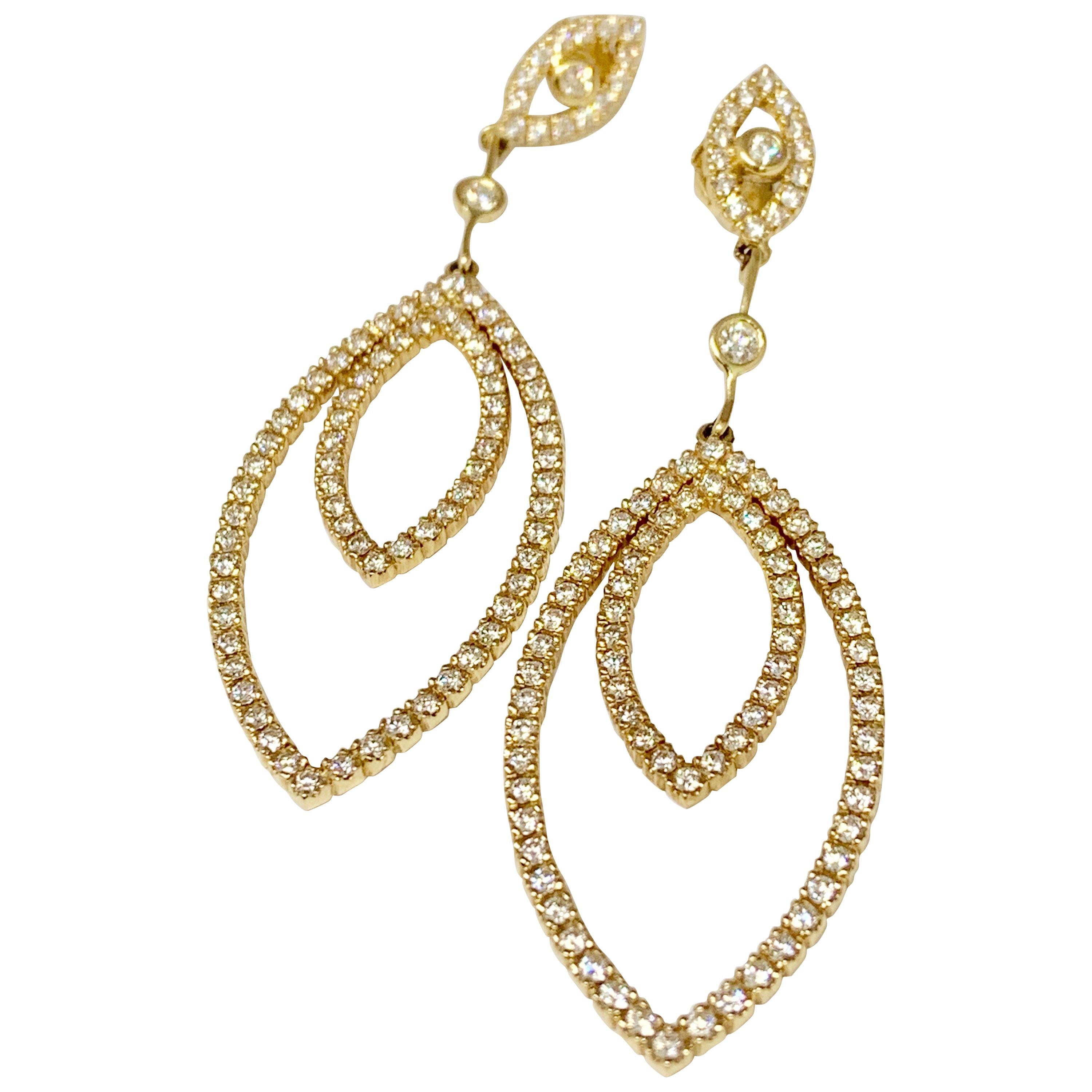 14 Karat Yellow Gold 2.35 Carat Diamond Drop Earrings For Sale