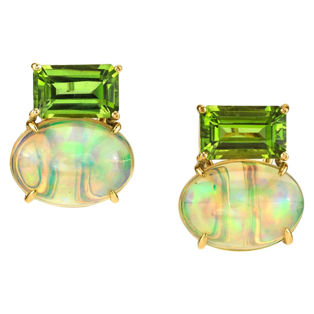 Emerald Cut Peridot with 9.87 Carat Oval Opal 18 Karat Yellow Gold Earrings