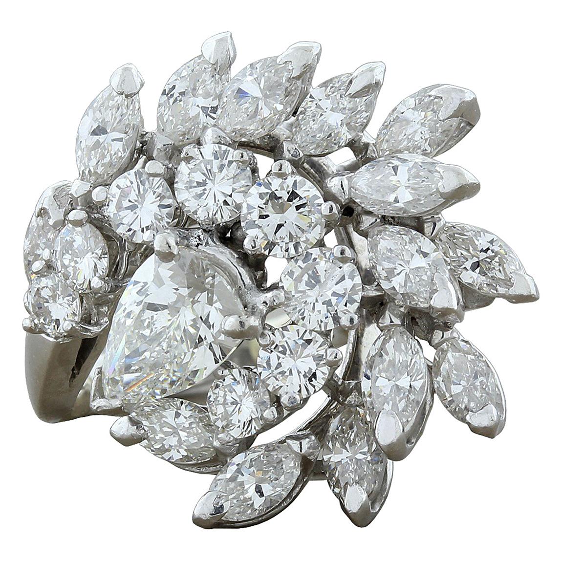 Midcentury Diamond Cluster Swirl Platinum Ring