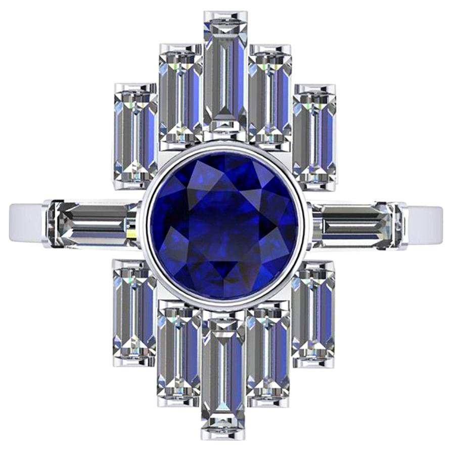 1.34 Carat Blue Sapphire and Diamond Baguettes Platinum Ring