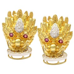 Solid 14 Karat Yellow Gold Genuine Ruby and Diamond Dragon Earrings 17.5g