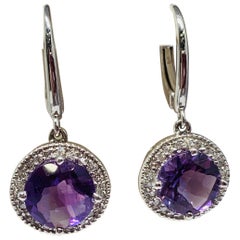 14 Karat White Gold 2.24 Carat Total Weight Amethyst and Diamond Drop Earrings