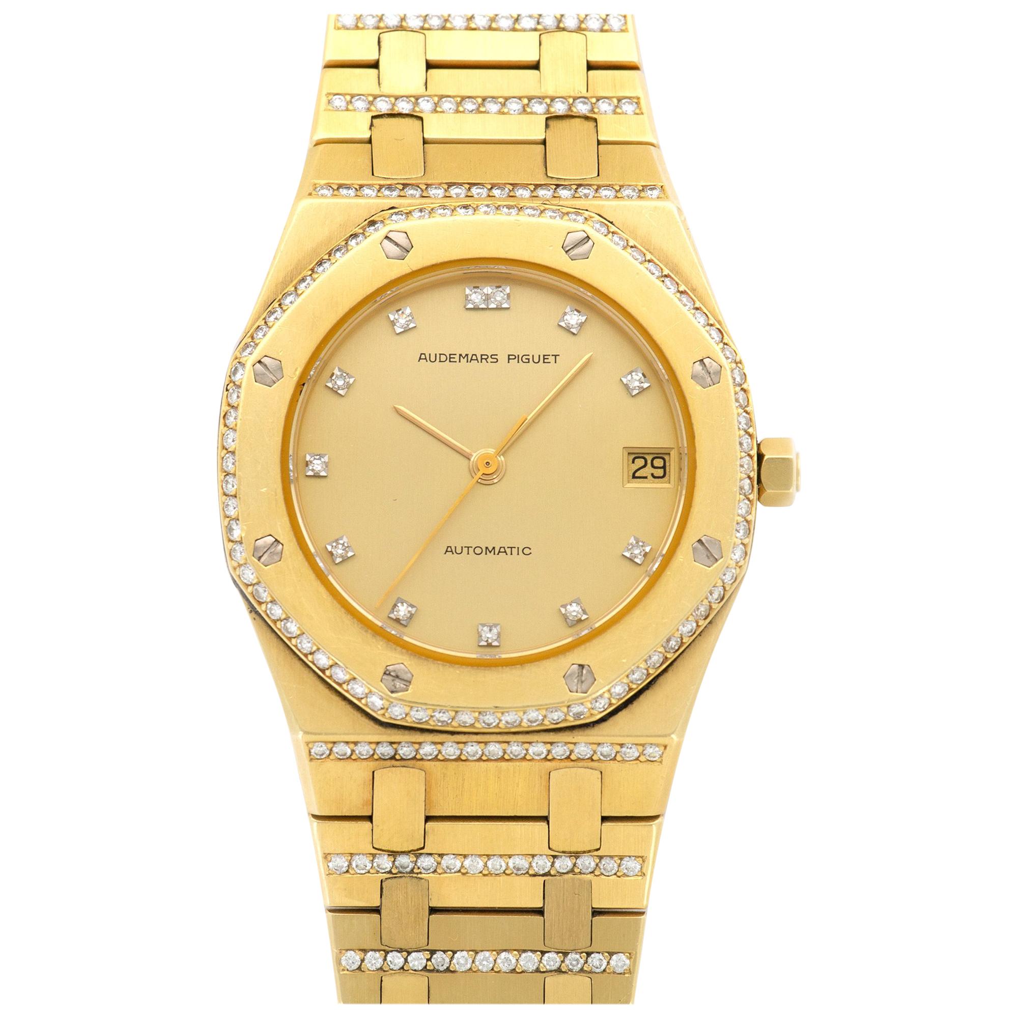 Audemars Piguet Yellow Gold Royal Oak Diamond Watch For Sale