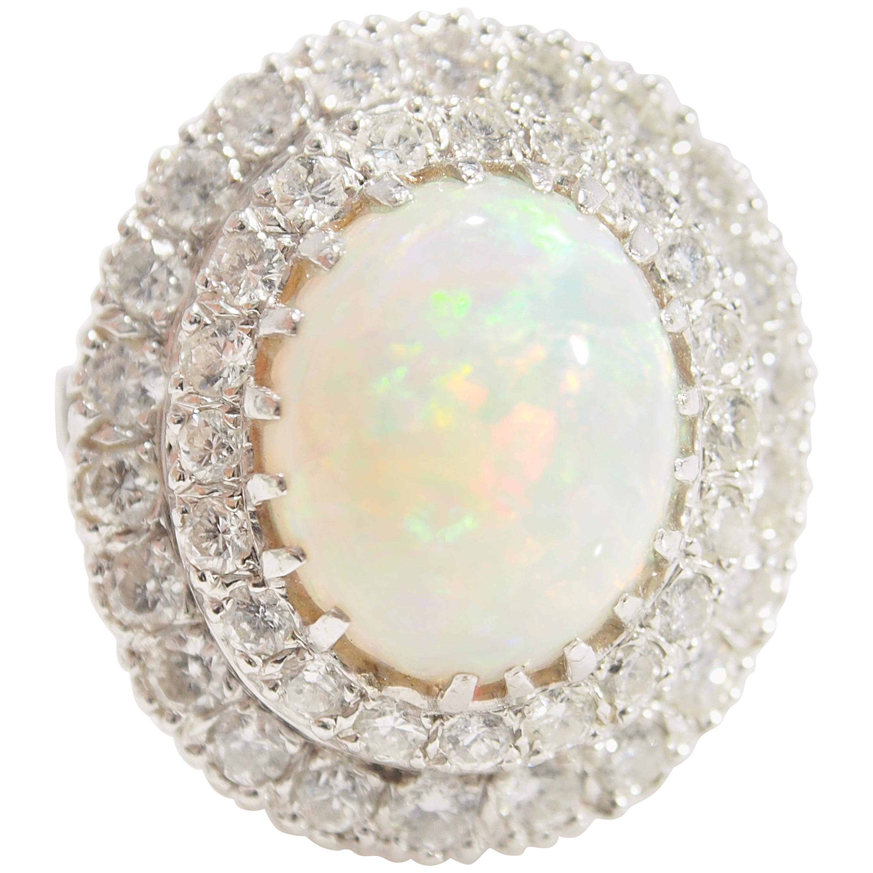 Double Halo Diamond Opal Ring 14 Karat White Gold