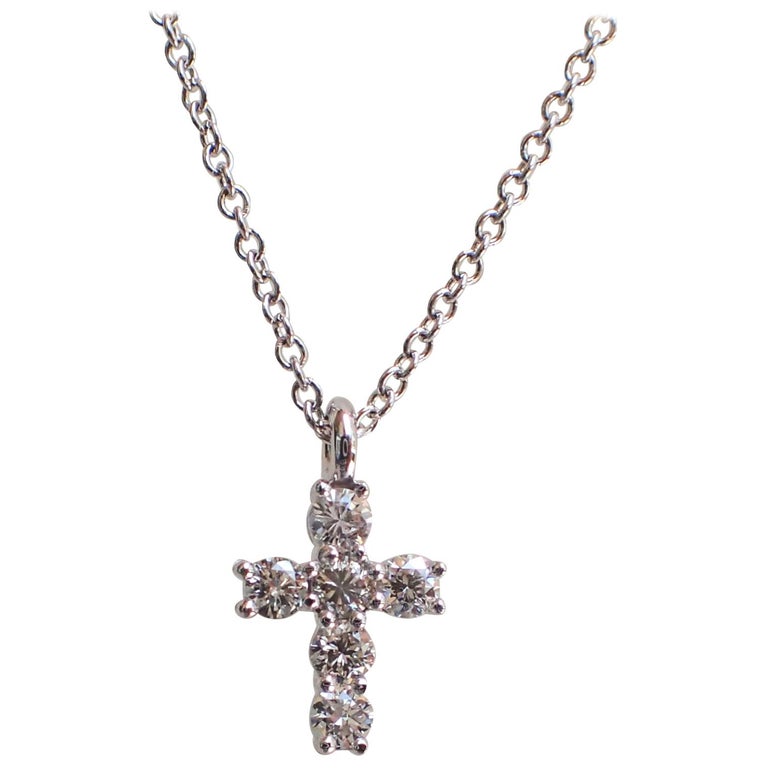 18 Karat White Gold Tiny Cross with 0.30 Carat of Diamond on Cable Chain For Sale