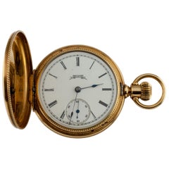 Elgin Full Hunter 14 Karat Yellow Gold Pocket Watch 7 Jewel Guilloche Case