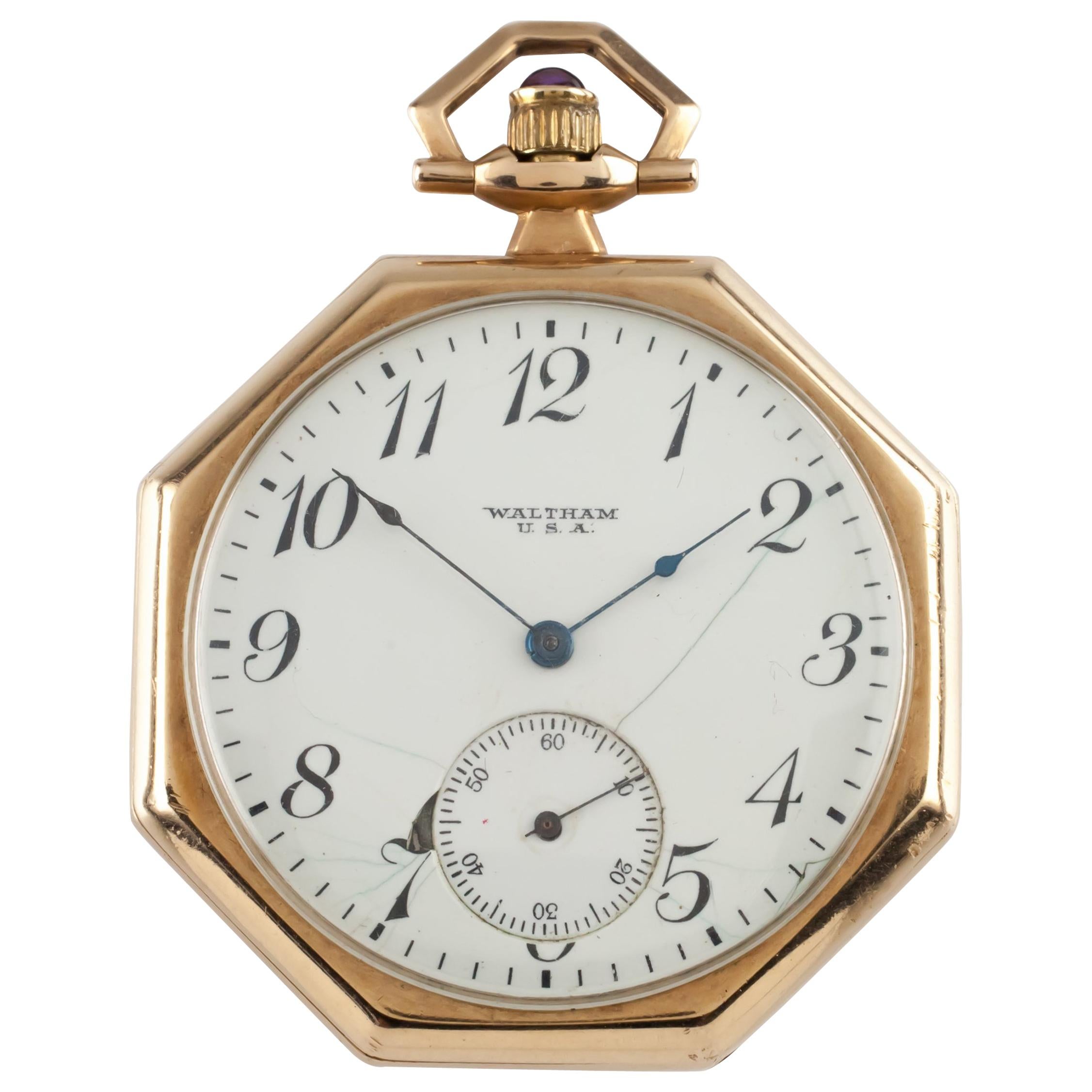Waltham Octagon Antique 14 Karat Open Face Pocket Watch Gr 225 17 Jewel For Sale