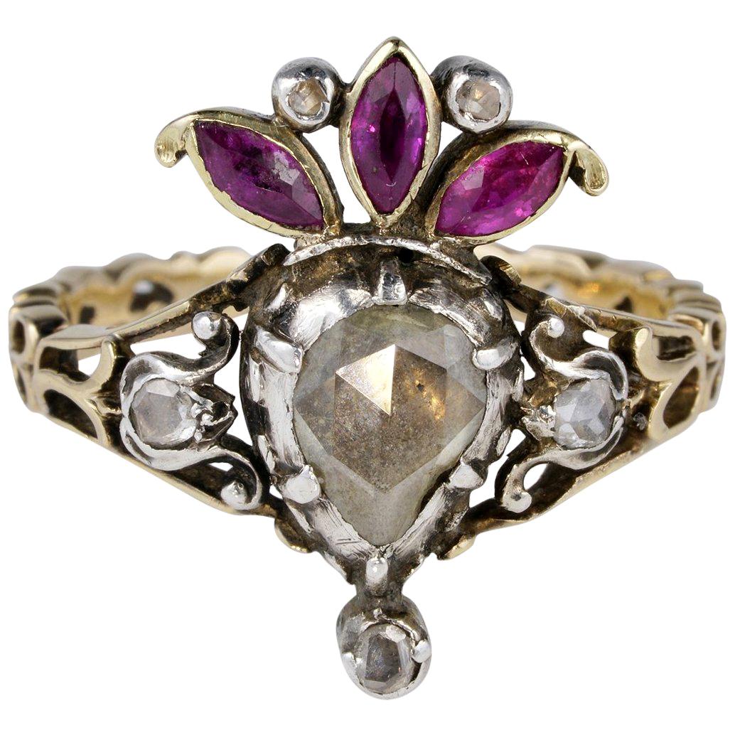 Crowned Heart Diamond Ruby Rare Ring For Sale