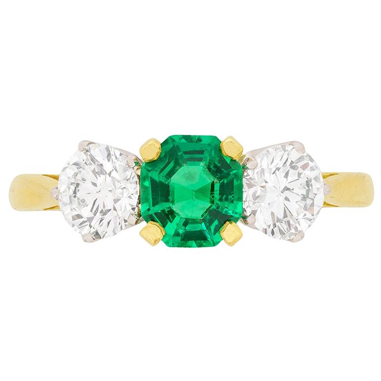 Garrard Emerald and Diamond Three-Stone Engagement Ring, circa 1980s