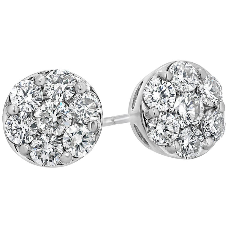 1.75 Carat Total Diamond Cluster Stud Earrings For Sale at 1stdibs