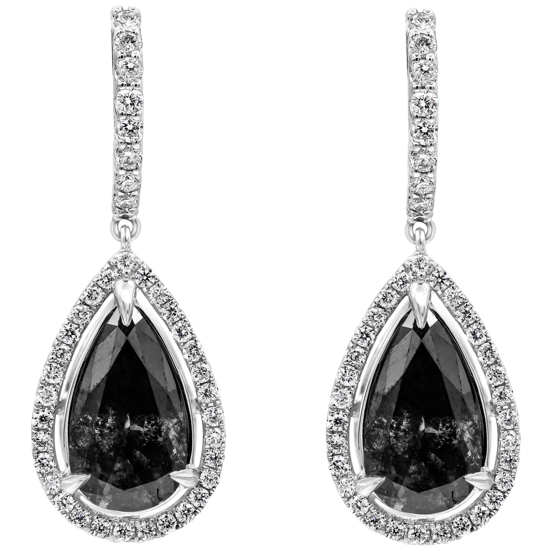 Roman Malakov 3.17 Carats Total Pear Shape Black Diamond Halo Dangle Earrings