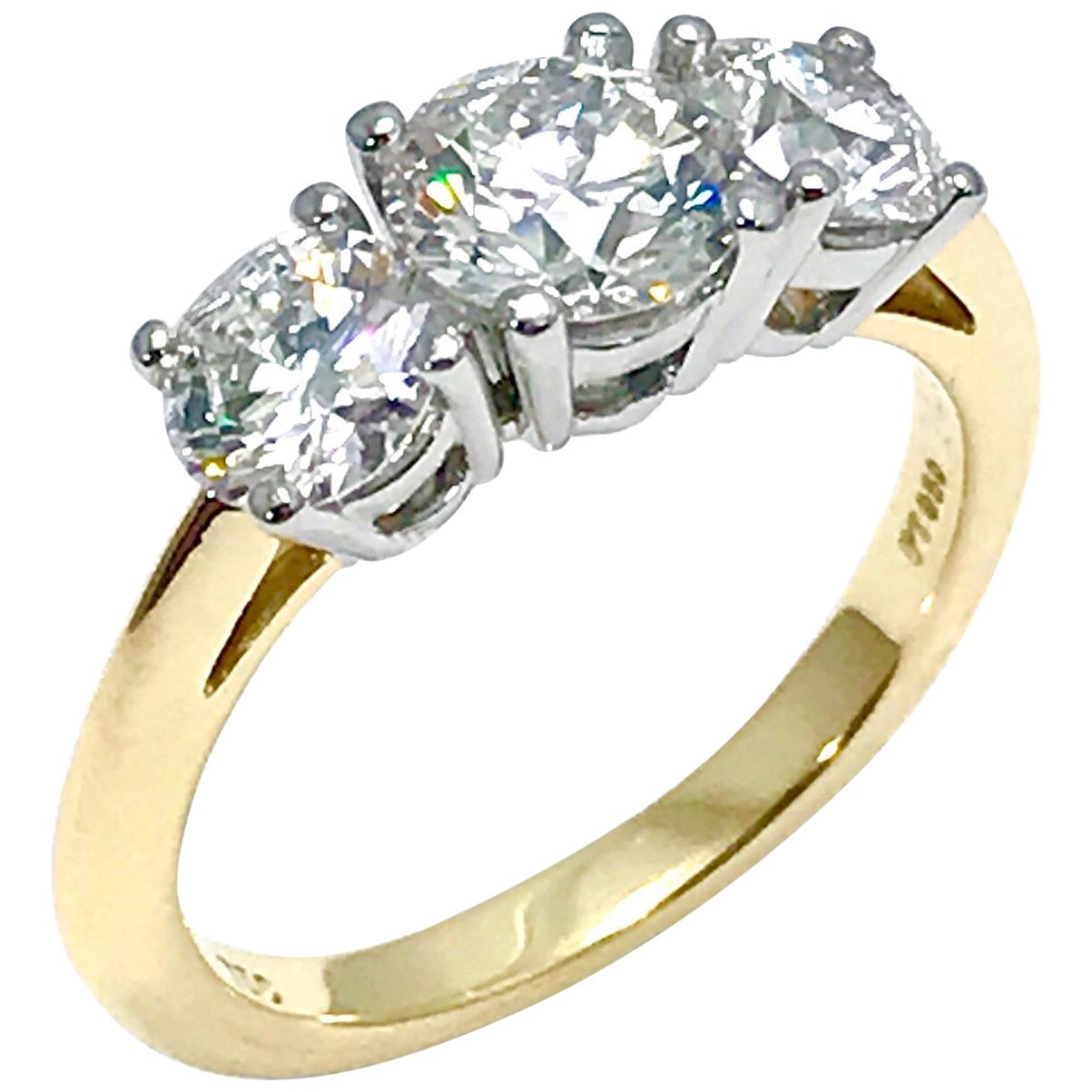 Tiffany & Co. 1.82 Carat Total Three Diamond Platinum and Yellow Gold Ring
