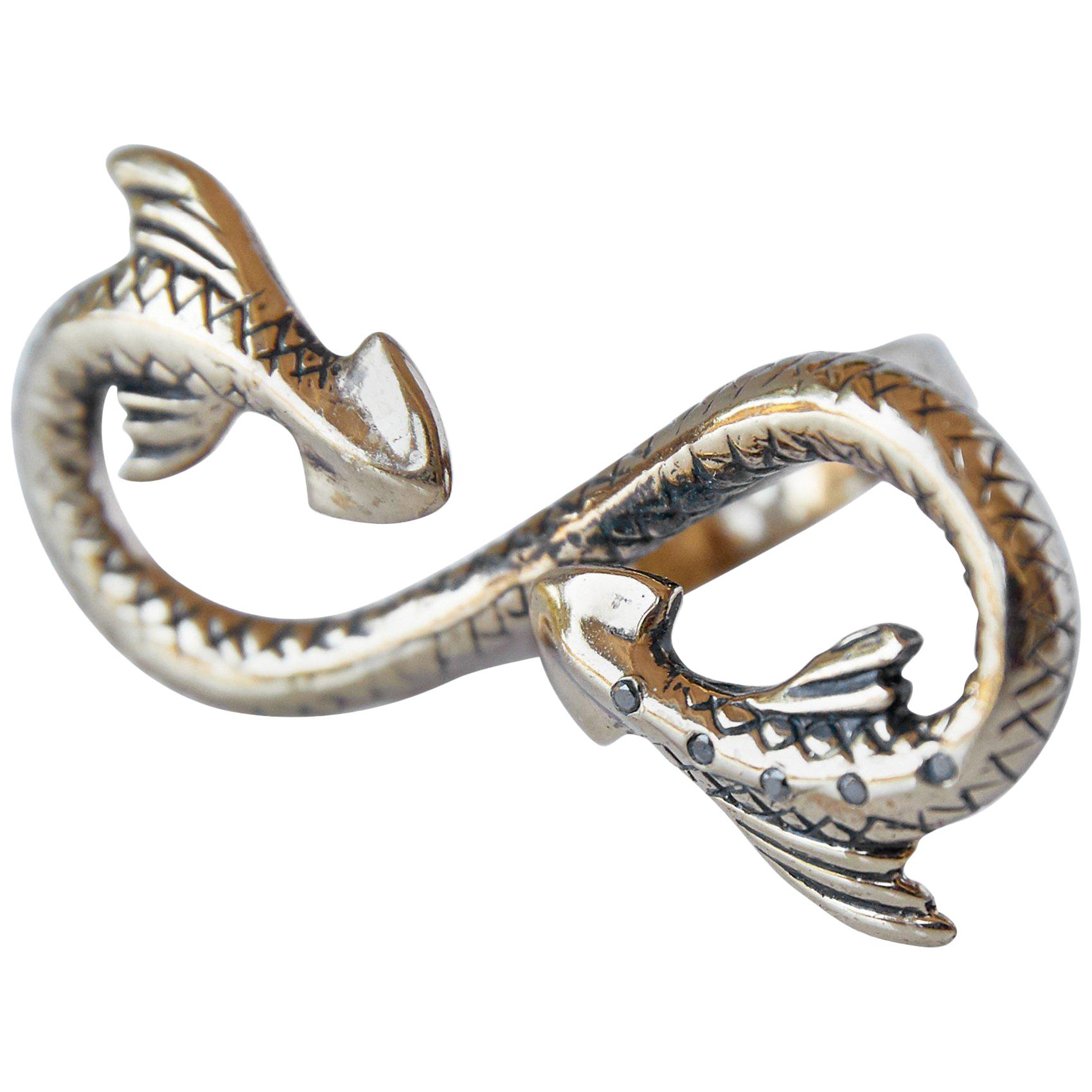 Black Diamond Snake Ring Serpens Cocktail Ring Bronze Animal J Dauphin For Sale