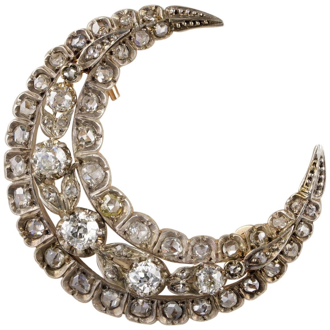 French 3.60 Carat Diamond Crescent Moon Brooch Pendant