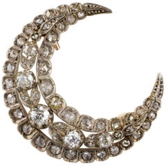 French 3.60 Carat Diamond Crescent Moon Brooch Pendant