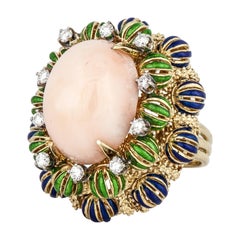 Vintage Angel Skin Coral Diamond and Enamel Ring in 18K Gold