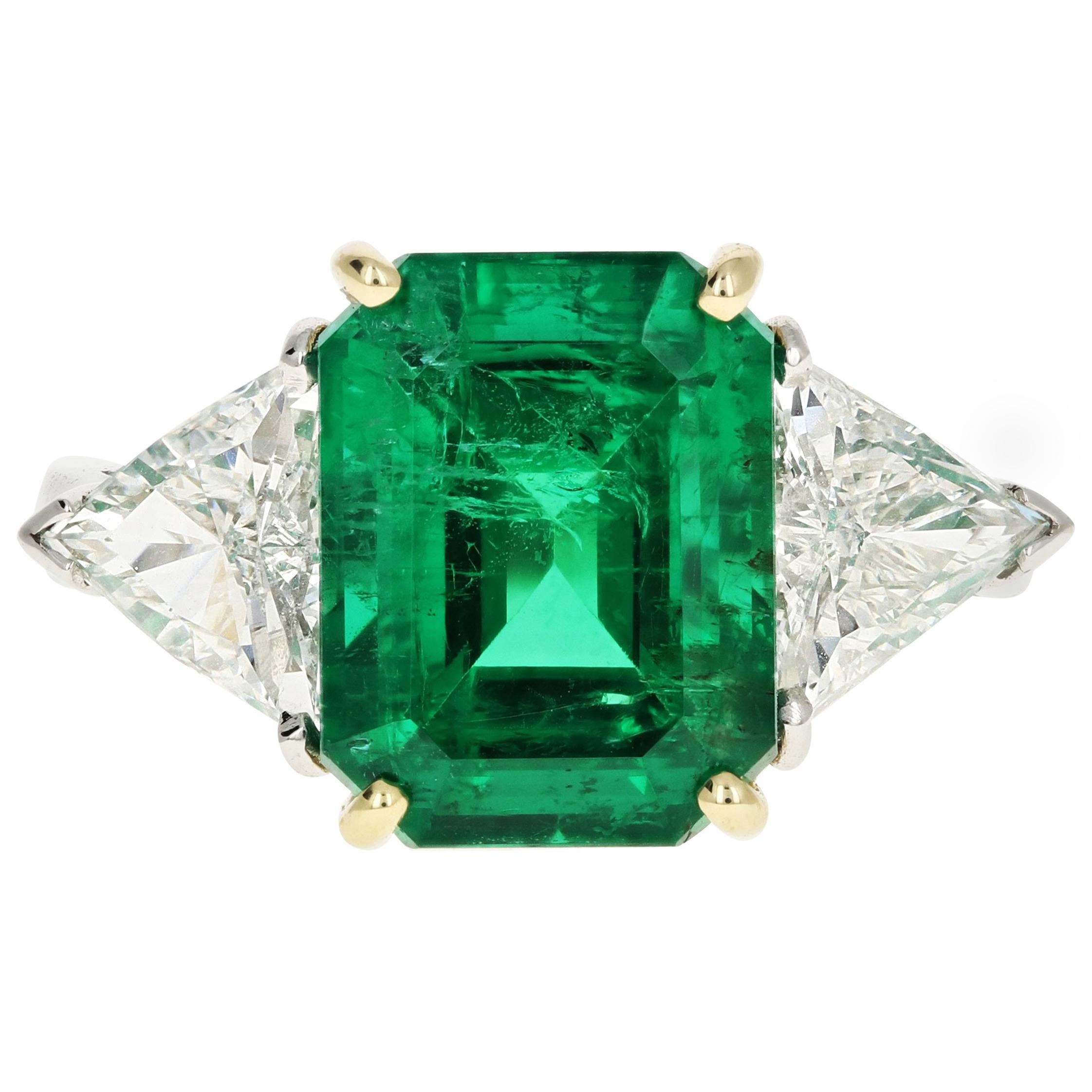 Platinum Natural Zambian Emerald Ring with Trillion Cut Diamonds