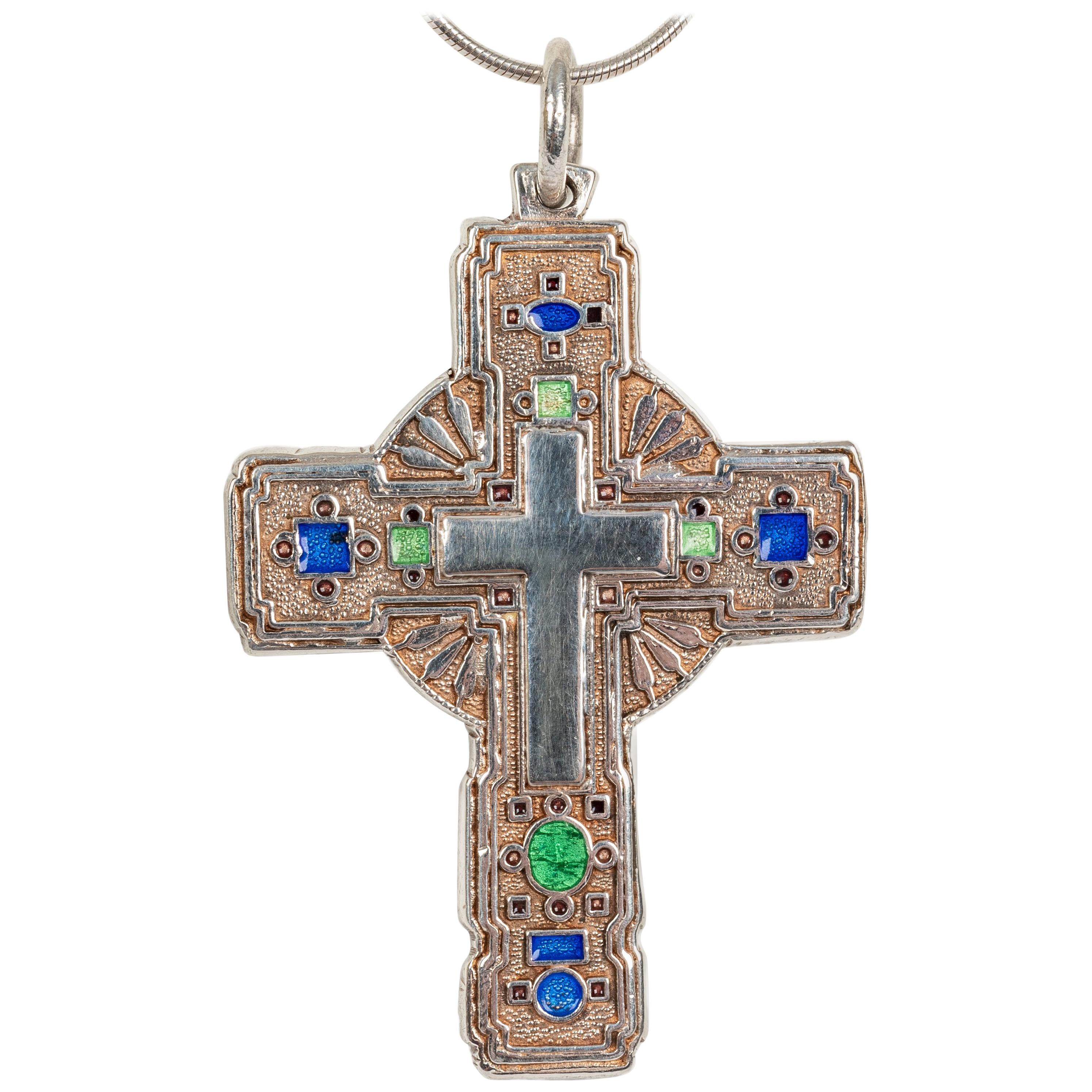 Greek Orthodox Silver Enameled Cross, 20th Century