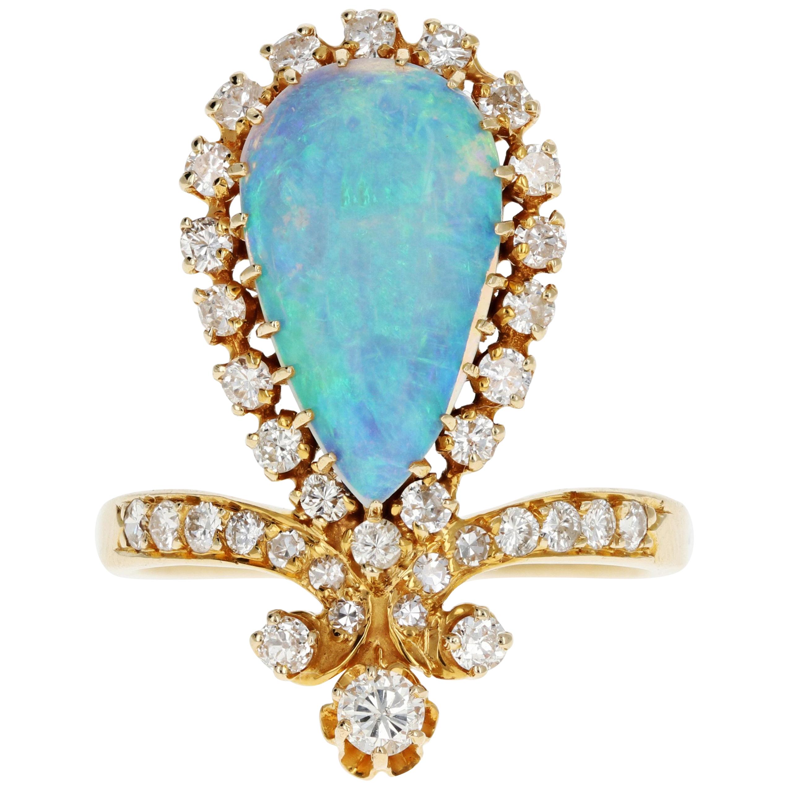 14 Karat Gold Opal and Diamond Tiara Ring