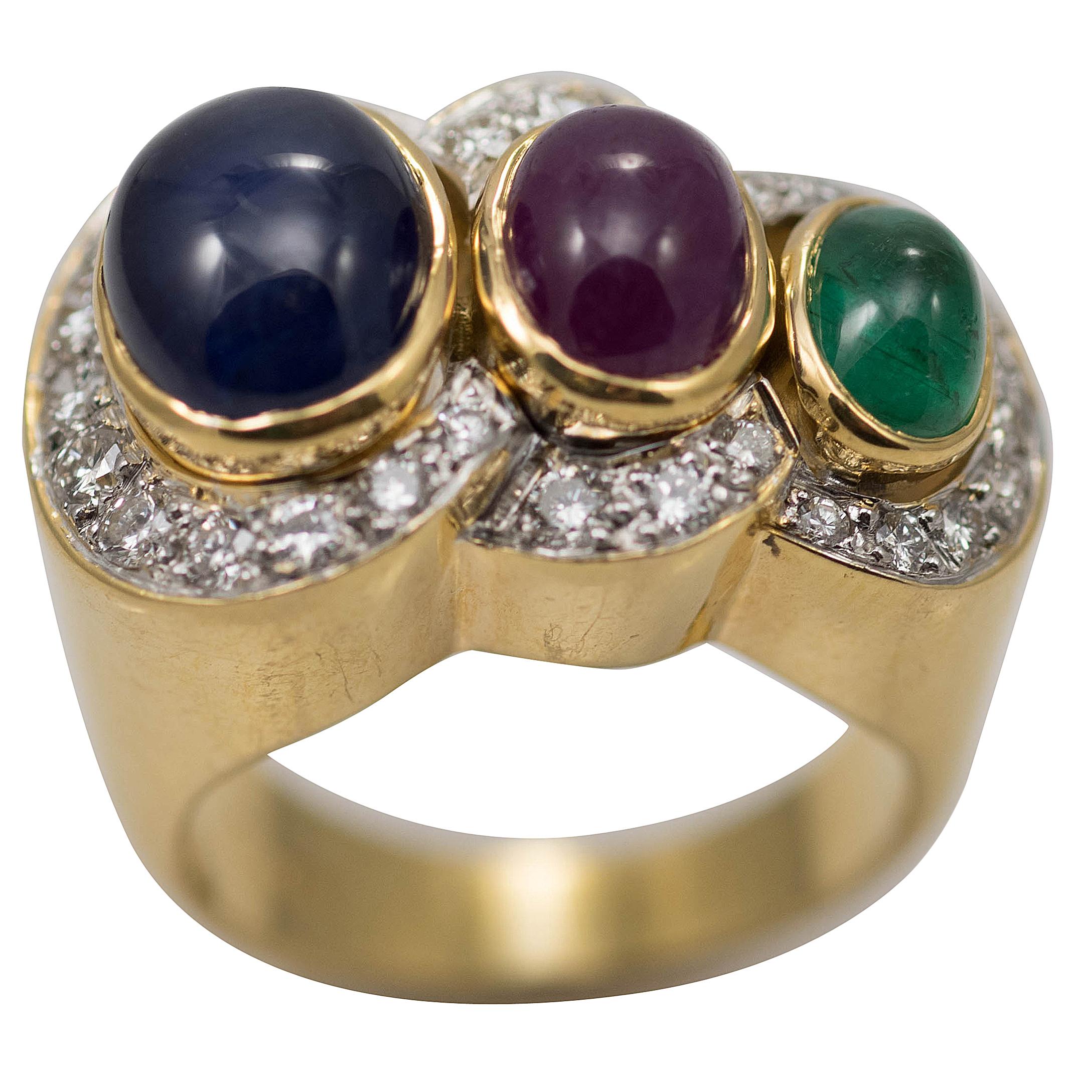 Multi-Stone 18 Karat Yellow Gold Sapphire Ruby and Emerald with Diamonds Ring