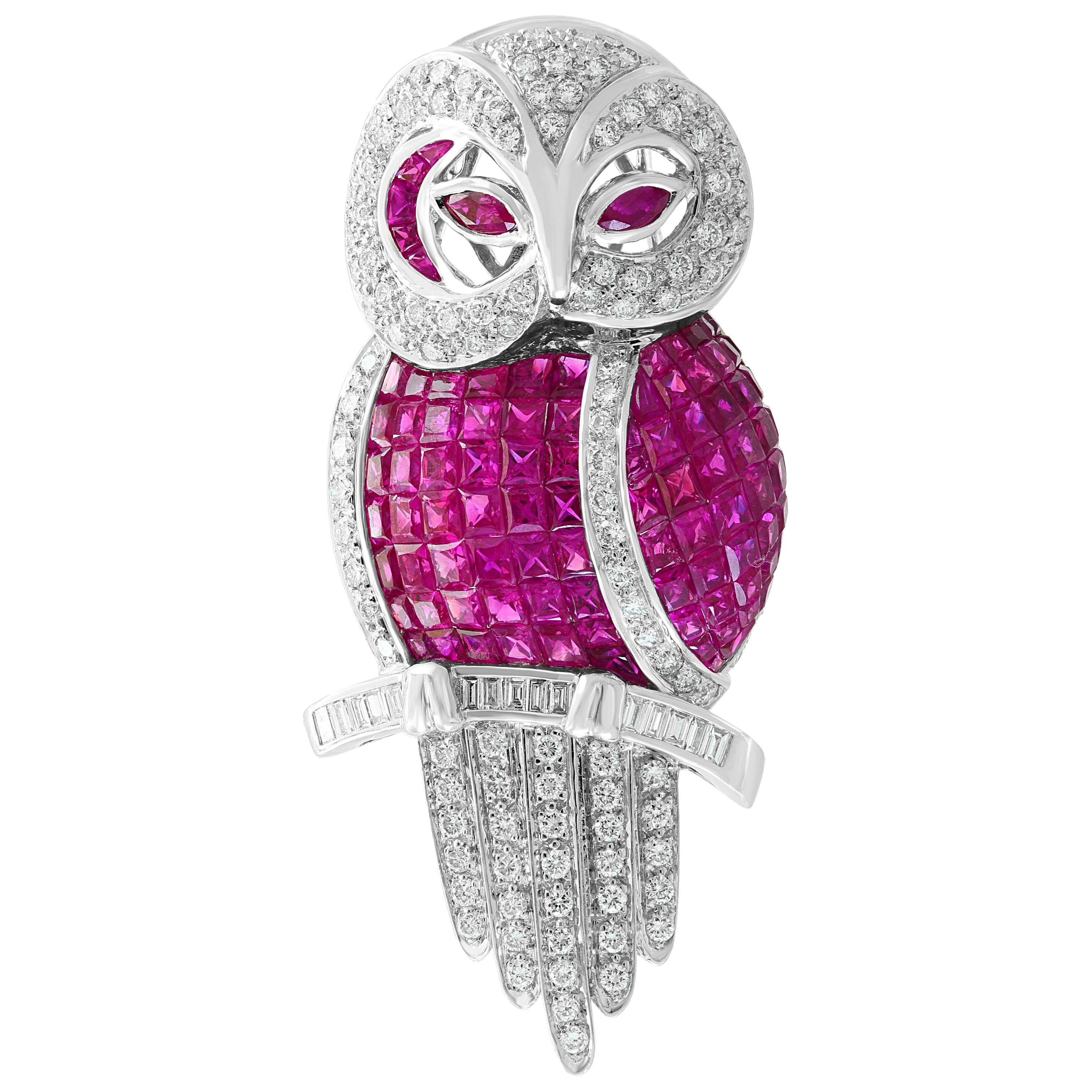 Invisible Mystery Set Ruby and Diamond Owl Pin or Pendant 18 Karat White Gold