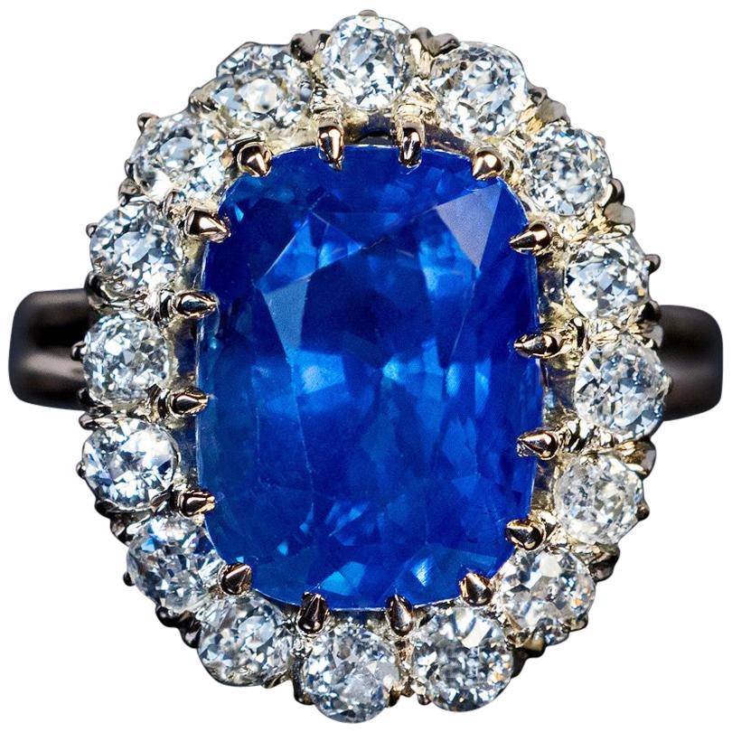 Antique 8.66 Carat Sapphire Diamond Engagement Cluster Ring