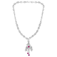 Ruby and Diamond Flower Drop Necklace 14 Karat White Gold