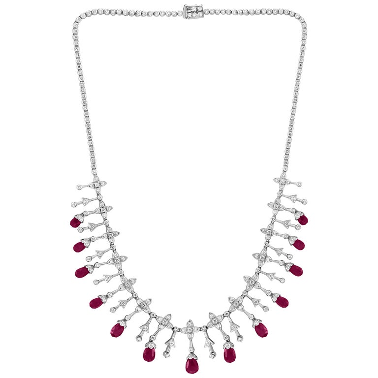Natural Ruby Briolettes and Diamond Necklace 18 Karat White Gold ...