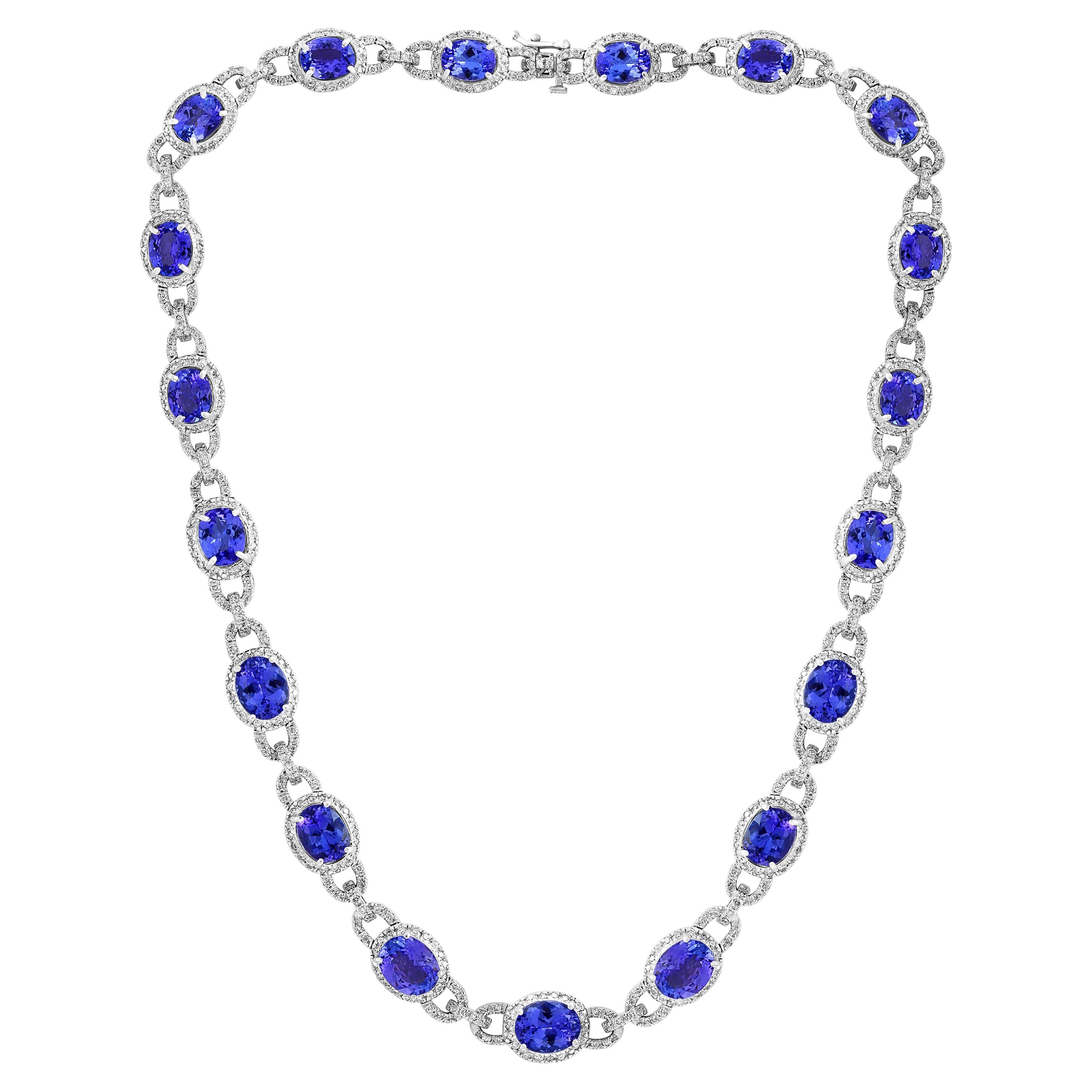 47 Carat Oval Tanzanite and 8 Carat Diamonds Necklace 18 Karat White Gold Estate