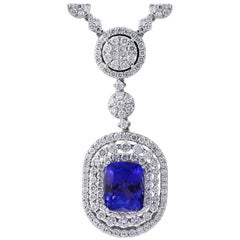 7 Carat Cushion Tanzanite and 13 Carat Diamond Pendant/ Necklace 18 Karat Gold