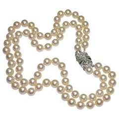 White Gold and 1.50 Carat Diamond Clasp on Cultured Pearl Necklace