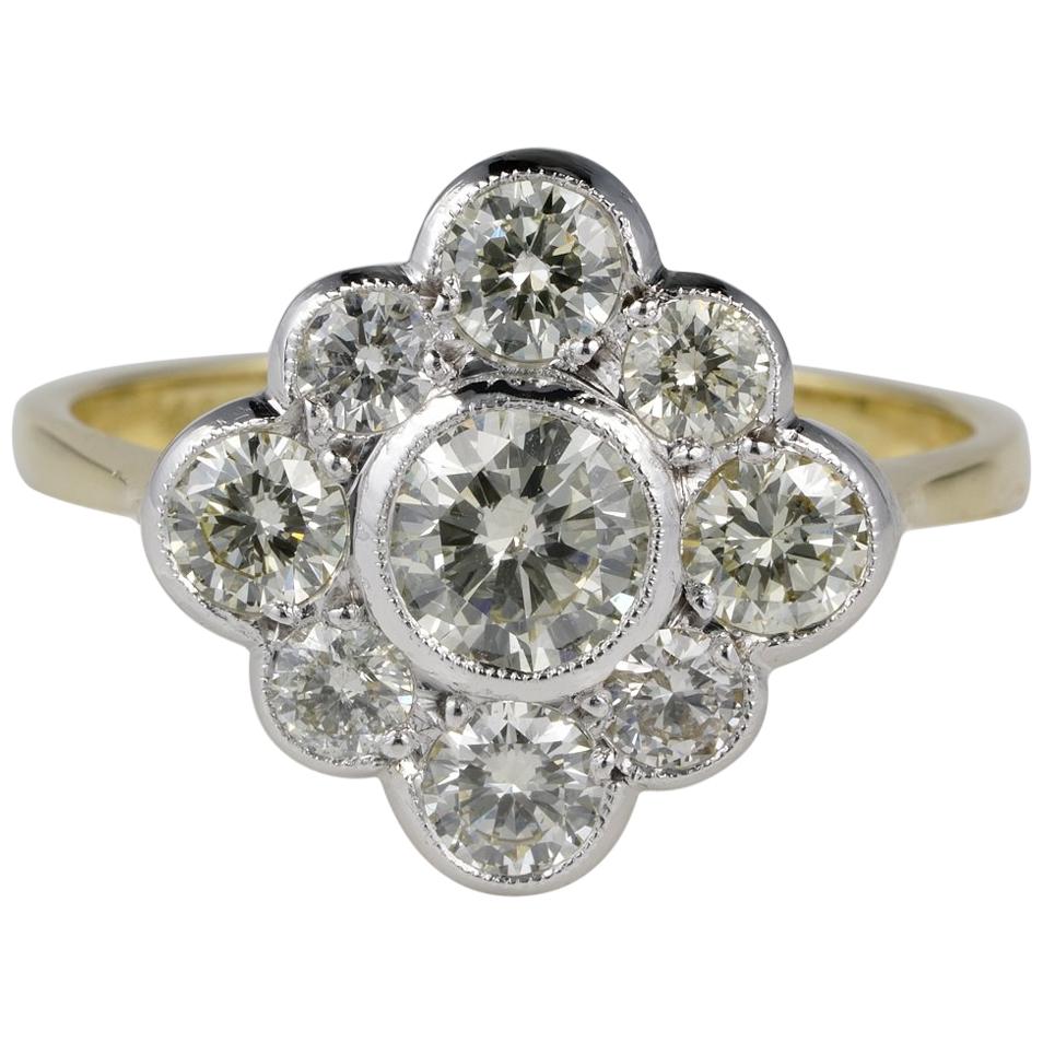Magnificent Late 1.60 Carat Diamond Platinum Gold Cluster Ring For Sale
