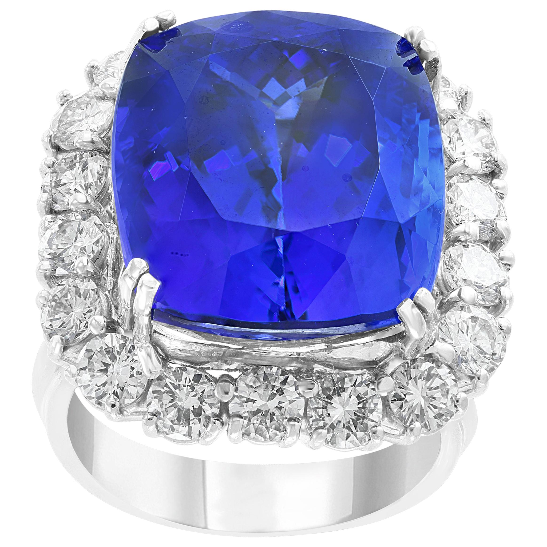 26+ Carat Cushion-Cut Tanzanite Ring with 4 Carat Diamonds, 18 Karat White Gold