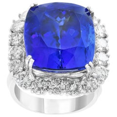 26+ Carat Cushion-Cut Tanzanite Ring with 4 Carat Diamonds, 18 Karat White Gold