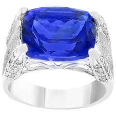 9 Carat Cushion-Cut Tanzanite Ring and Diamonds, 18 Karat White Gold, Estate