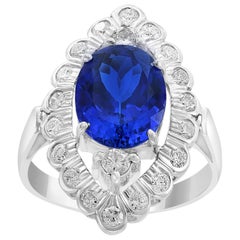 3.65 Carat Oval Tanzanite and 1 Carat Diamond Ring 18 Karat White Gold, Estate