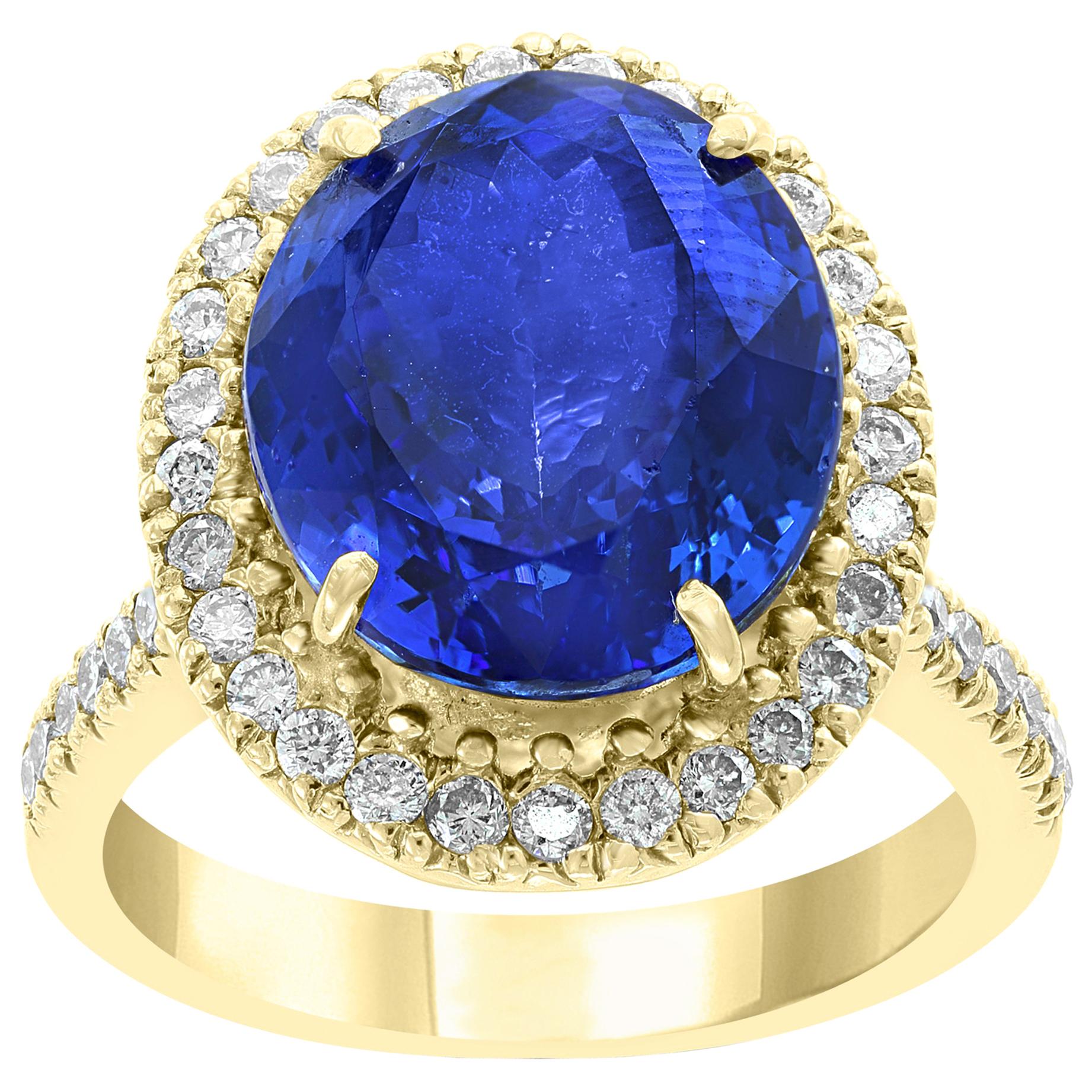 8.2 Carat Oval Tanzanite and 1.2 Carat Diamond Ring 18 Karat Yellow Gold