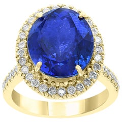 8.2 Carat Oval Tanzanite and 1.2 Carat Diamond Ring 18 Karat Yellow Gold