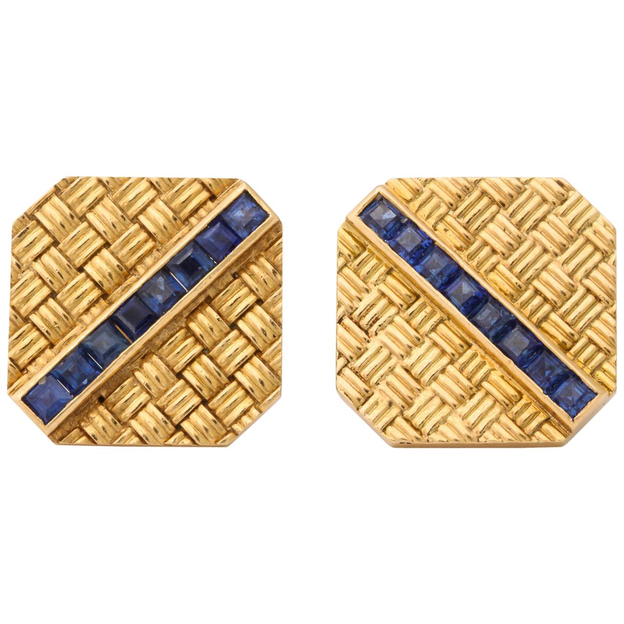 1950s Basket Weave Design Calibre Cut Sapphire with Gold Flip Up Cufflinks